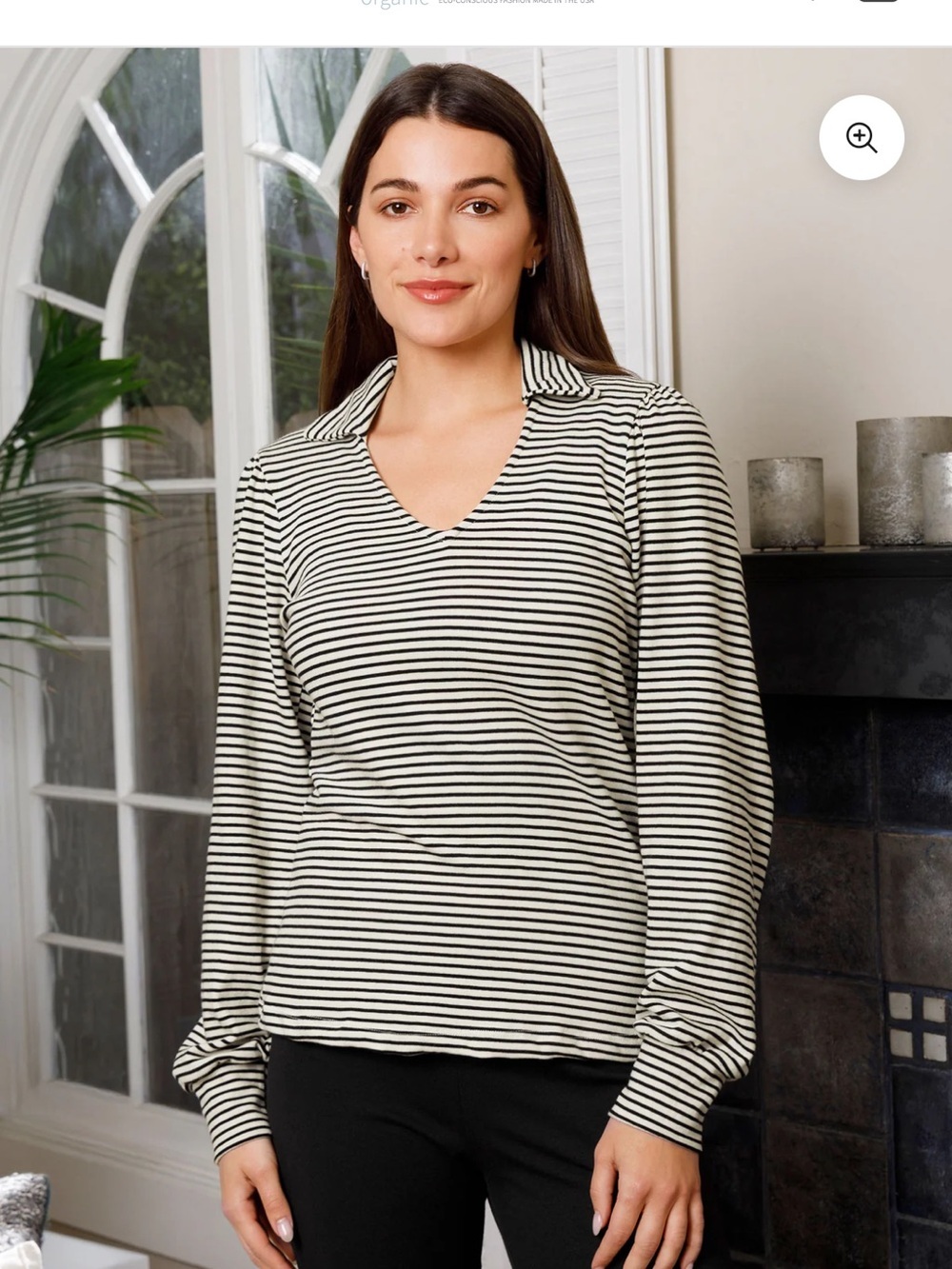 Blue Canoe Stripe Pouf Sleeve long-sleeve organic cotton top with a V-neckline S